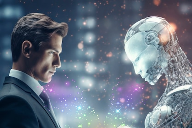 A man and a robot graphic