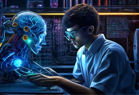 Young scientist examining humanoid AI robot with glowing brain circuitry