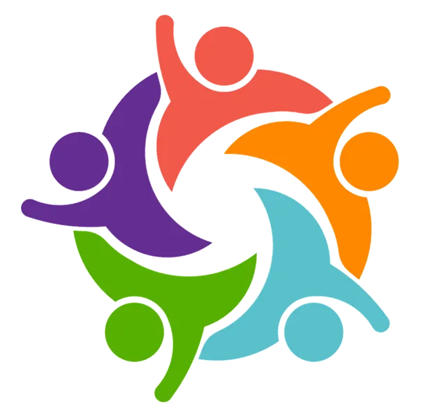Colorful abstract logo showing five stylized people forming a circle