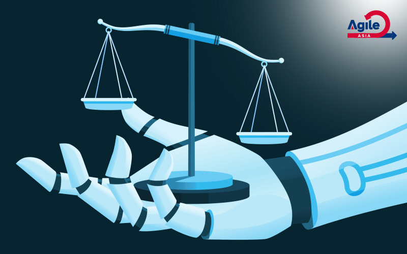 Robotic hand holding a scale, representing AI ethics.