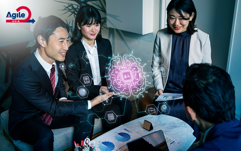 Team discussing AI with digital brain overlay.