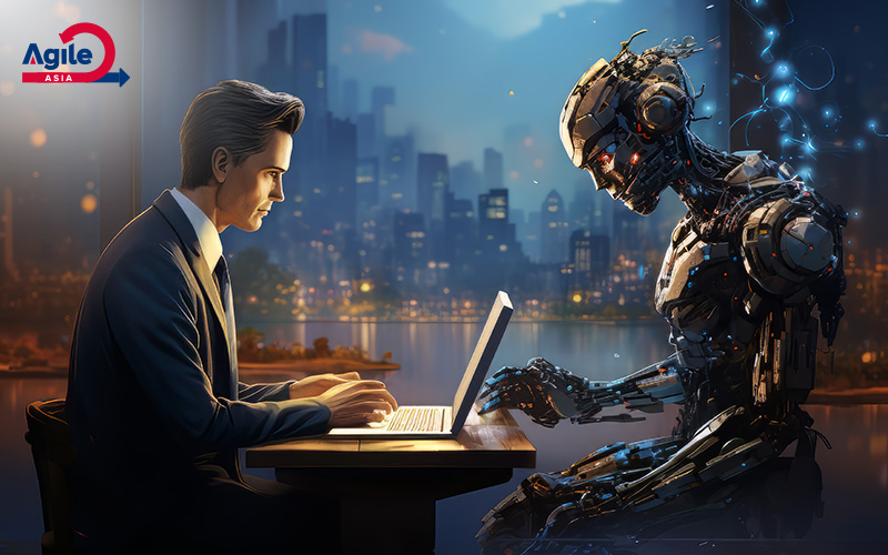 Human and AI robot interacting at a laptop in a futuristic setting.